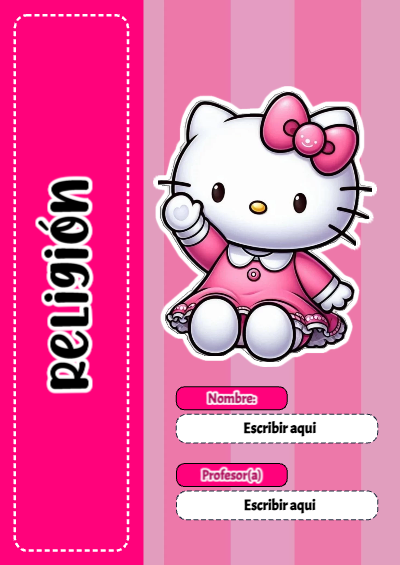 Portada de Hello Kitty de Religión para cuaderno lista para imprimir en A4 - ideal para el nuevo año escolar