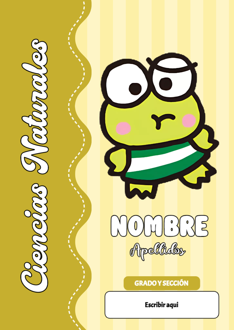 Portada de Keroppi de Ciencias Naturales para cuaderno lista para imprimir en A4 - para personalizar tus materias