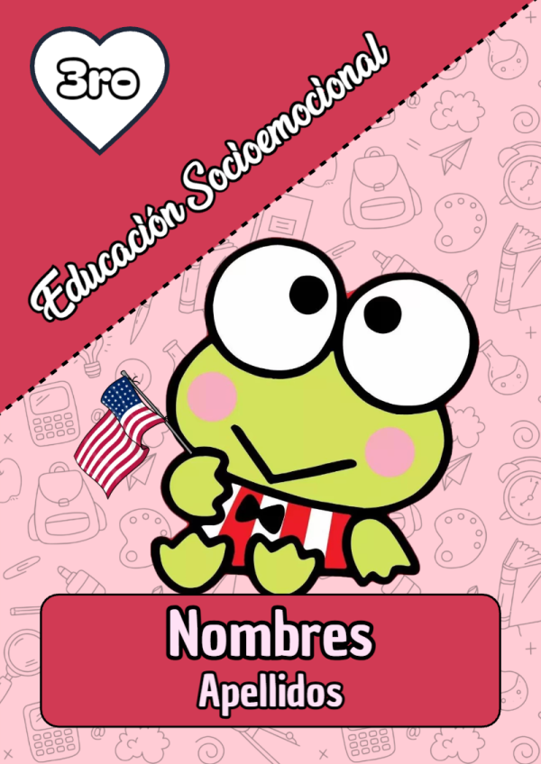 Portada de Keroppi de Educación Socioemocional para cuaderno en tamaño A4 - diseño escolar moderno