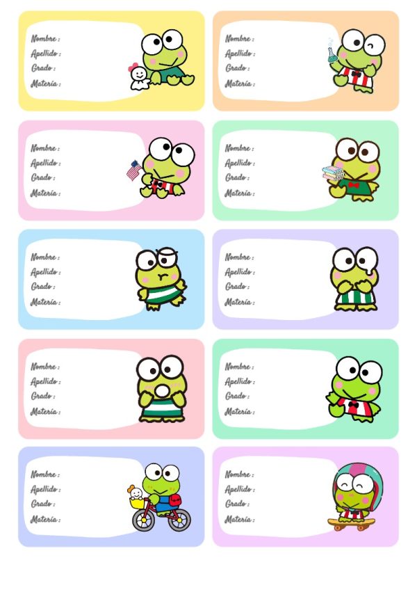 Etiquetas de Keroppi rana para cuadernos y útiles escolares - disponible para descarga gratuita