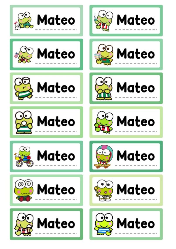 Etiquetas personalizadas de Keroppi rana para imprimir en A4 - ideal para el nuevo año escolar