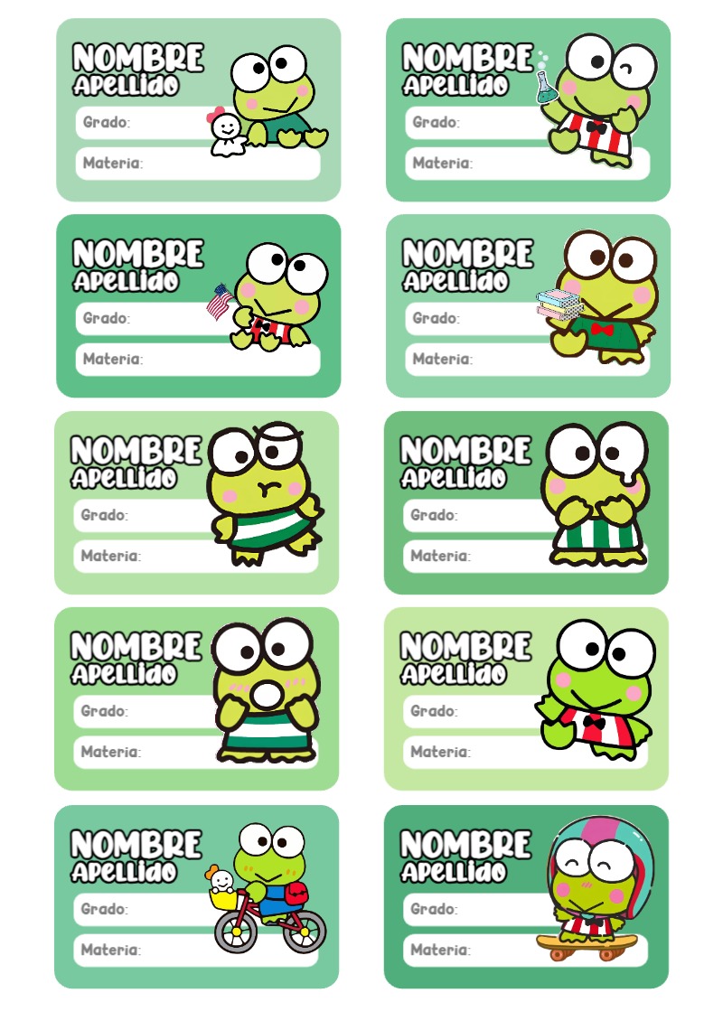 Etiquetas escolares de Keroppi rana listas para recortar - para todas las edades y grados