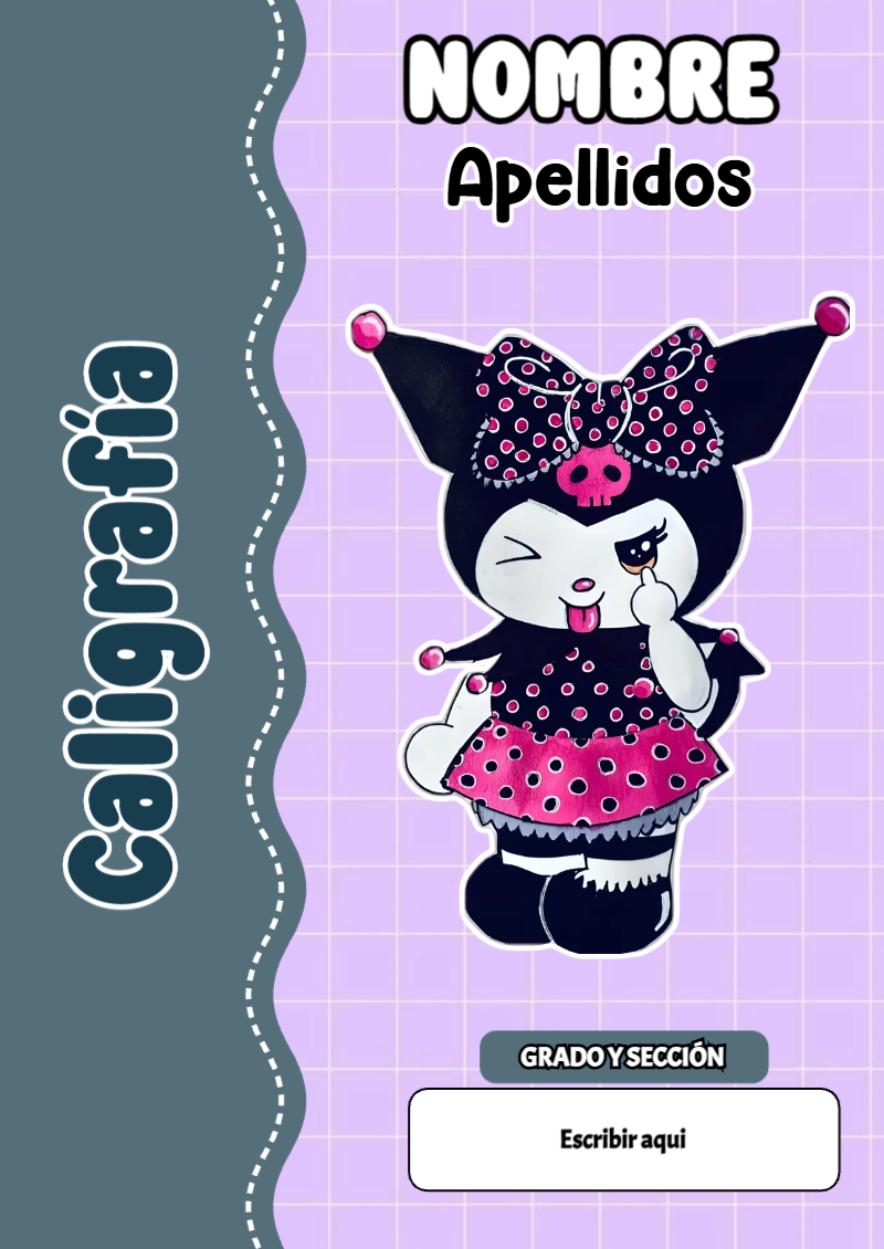 Portada de Kuromi de Caligrafía para cuaderno lista para imprimir en A4 - diseño escolar moderno