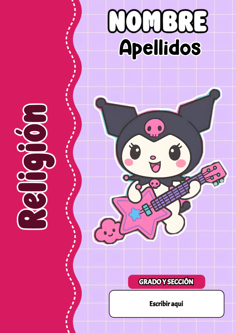 Portada de Kuromi de Religión para cuaderno escolar para imprimir gratis - ideal para cuadernos de espiral
