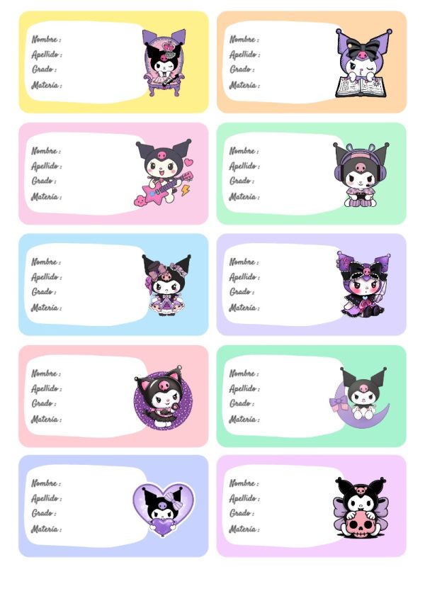 Etiquetas escolares de Kuromi Escolares bonitas para imprimir - con colores vivos y llamativos