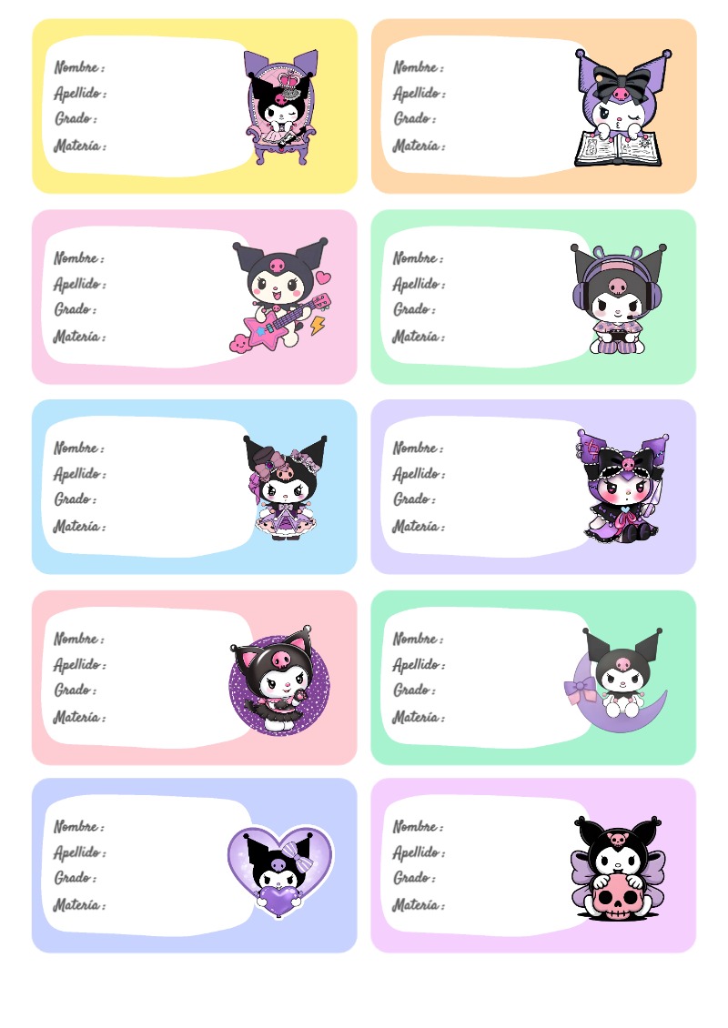 Etiquetas de Kuromi Escolares Editables para Imprimir Gratis