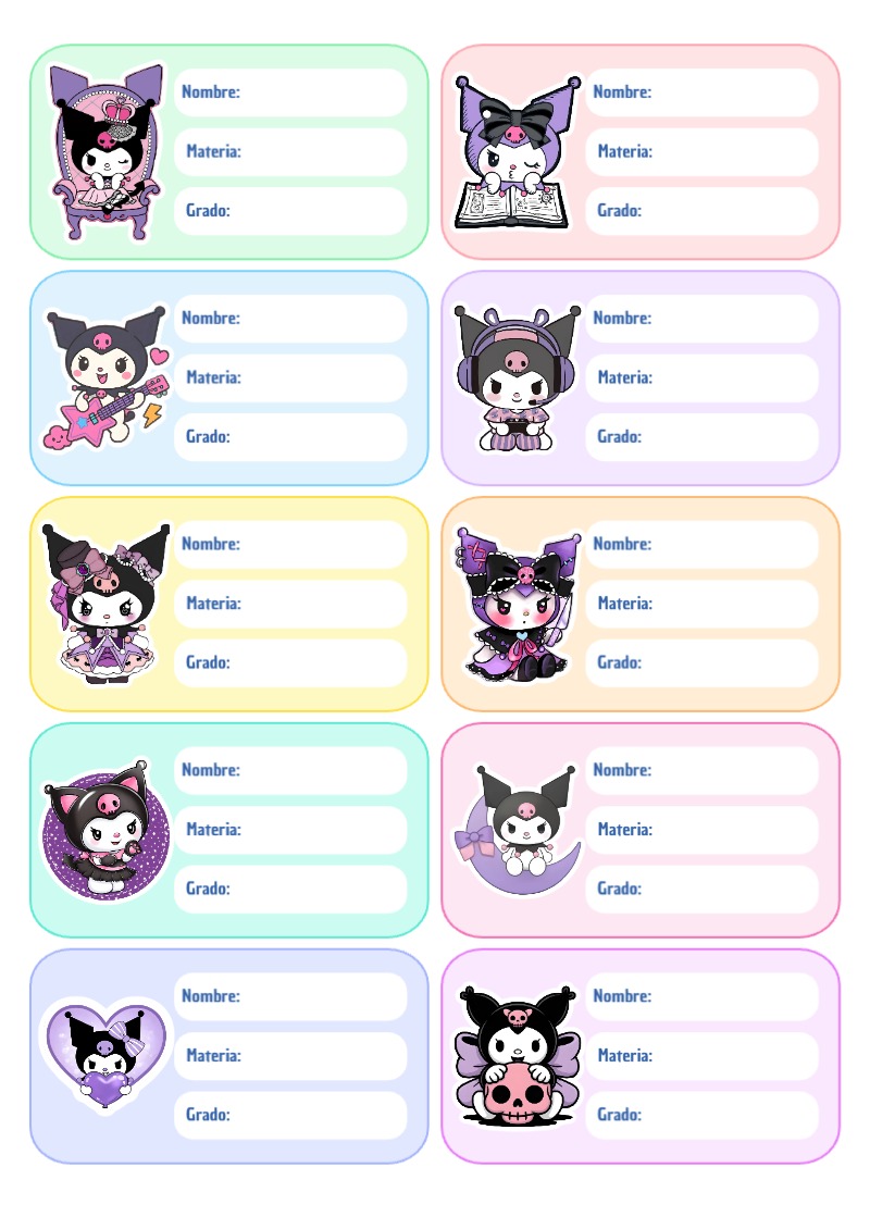 Etiquetas de Kuromi Escolares Editables para Imprimir Gratis