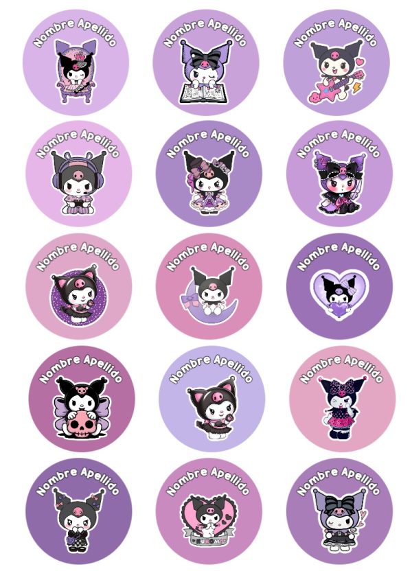 Etiquetas escolares de Kuromi Escolares listas para recortar - con colores vivos y llamativos