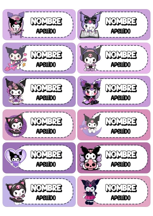 Plantilla de etiquetas escolares de Kuromi para imprimir - tendencia educativa 2026