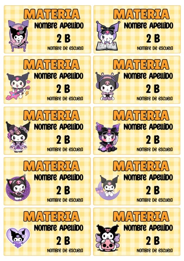 Etiquetas de Kuromi para cuadernos y útiles escolares - formato digital listo para usar