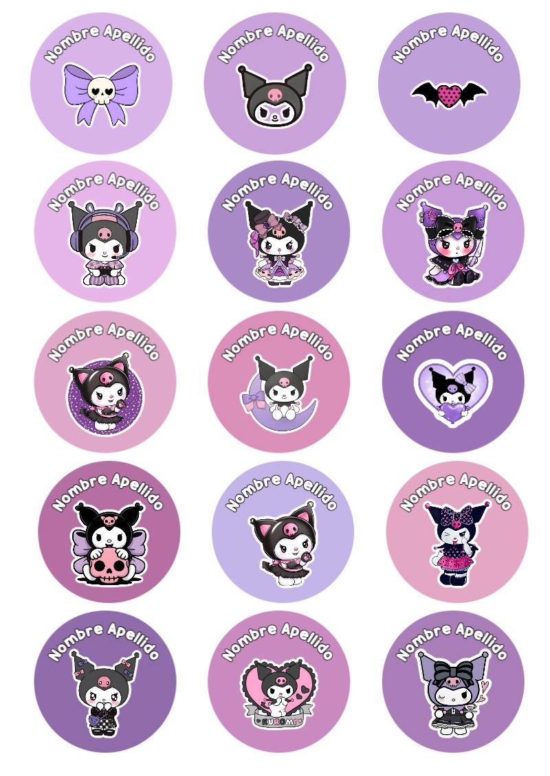 Etiquetas escolares de Kuromi listas para recortar - diseño exclusivo y original