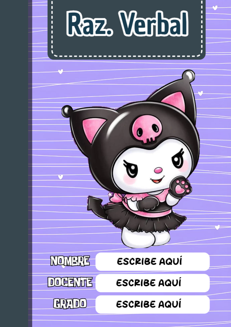 Portada de Kuromi Raz. Verbal para cuaderno personalizada para imprimir - ideal para cuadernos de espiral