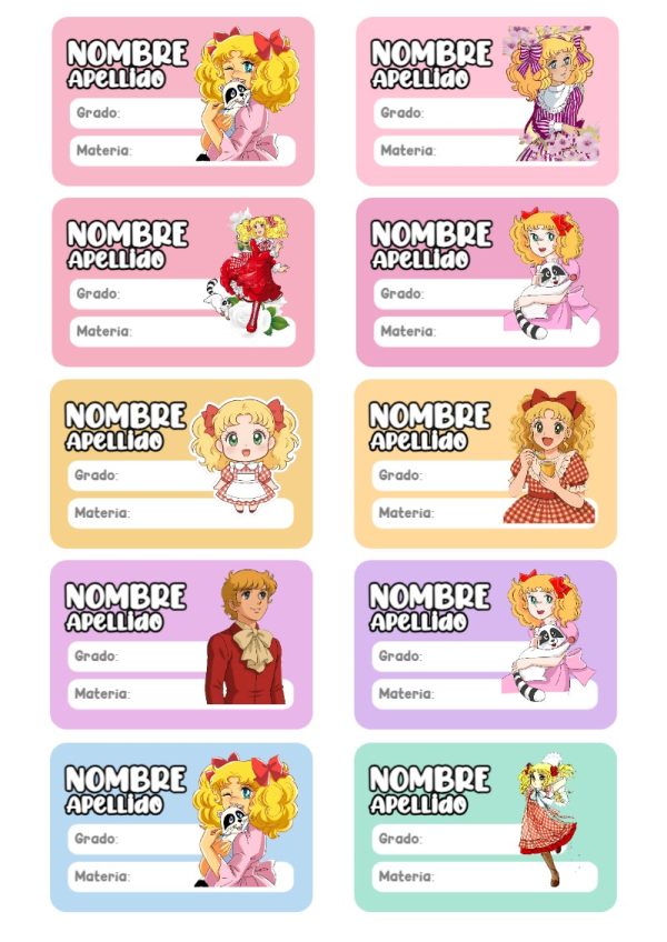 Etiquetas personalizadas de LA DULCE CANDY Escolares para imprimir en A4 - ideal para cuadernos de espiral