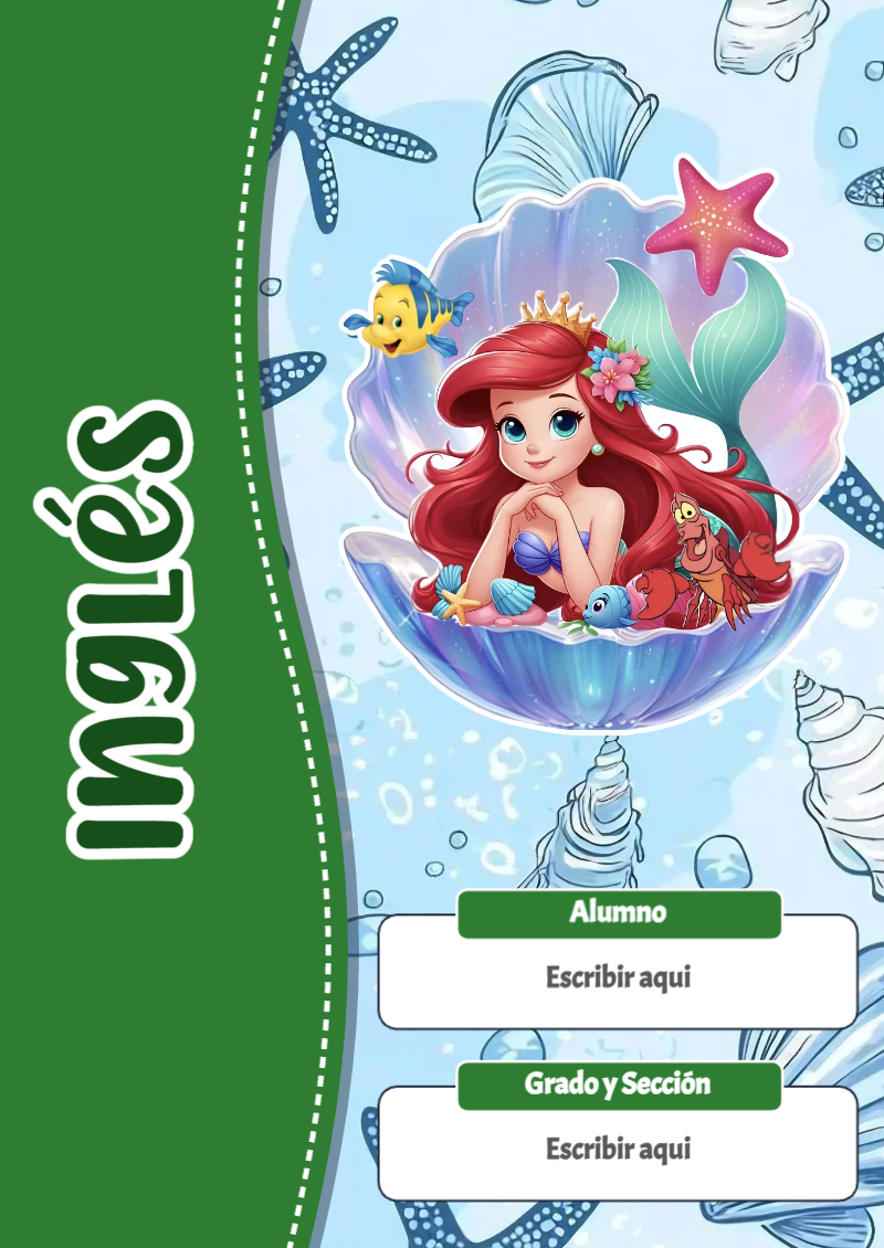 Portada de La Sirenita de Inglés para cuaderno lista para imprimir en A4 - diseño escolar moderno