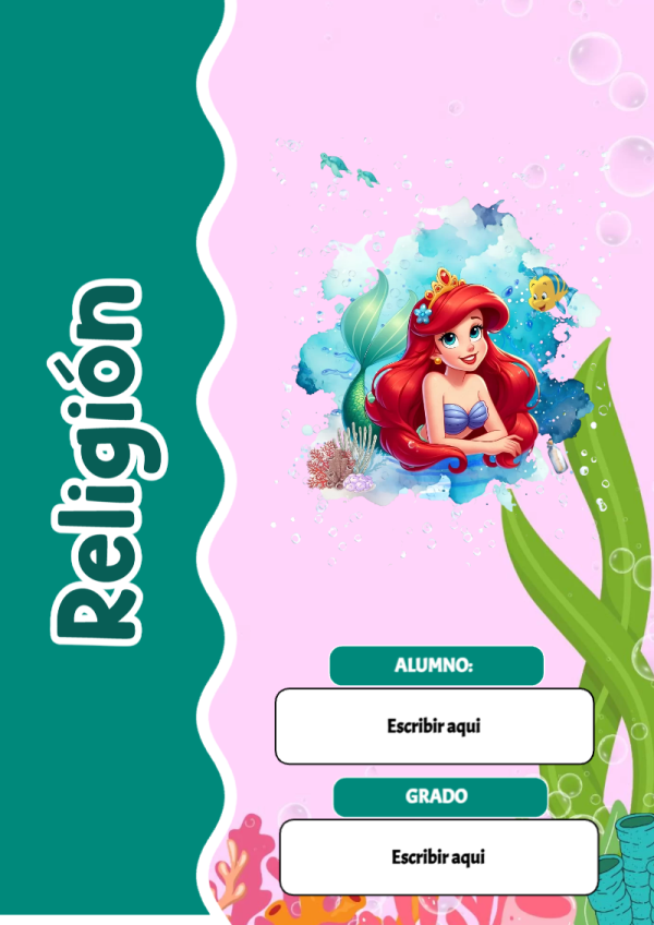 Portada de La Sirenita de Religión para cuaderno con diseño escolar - para el regreso a clases