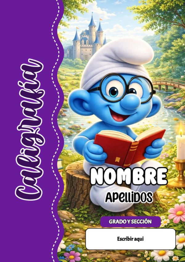 Portada de Los Pitufos de Caligrafía para cuaderno con diseño escolar - ideal para el nuevo año escolar