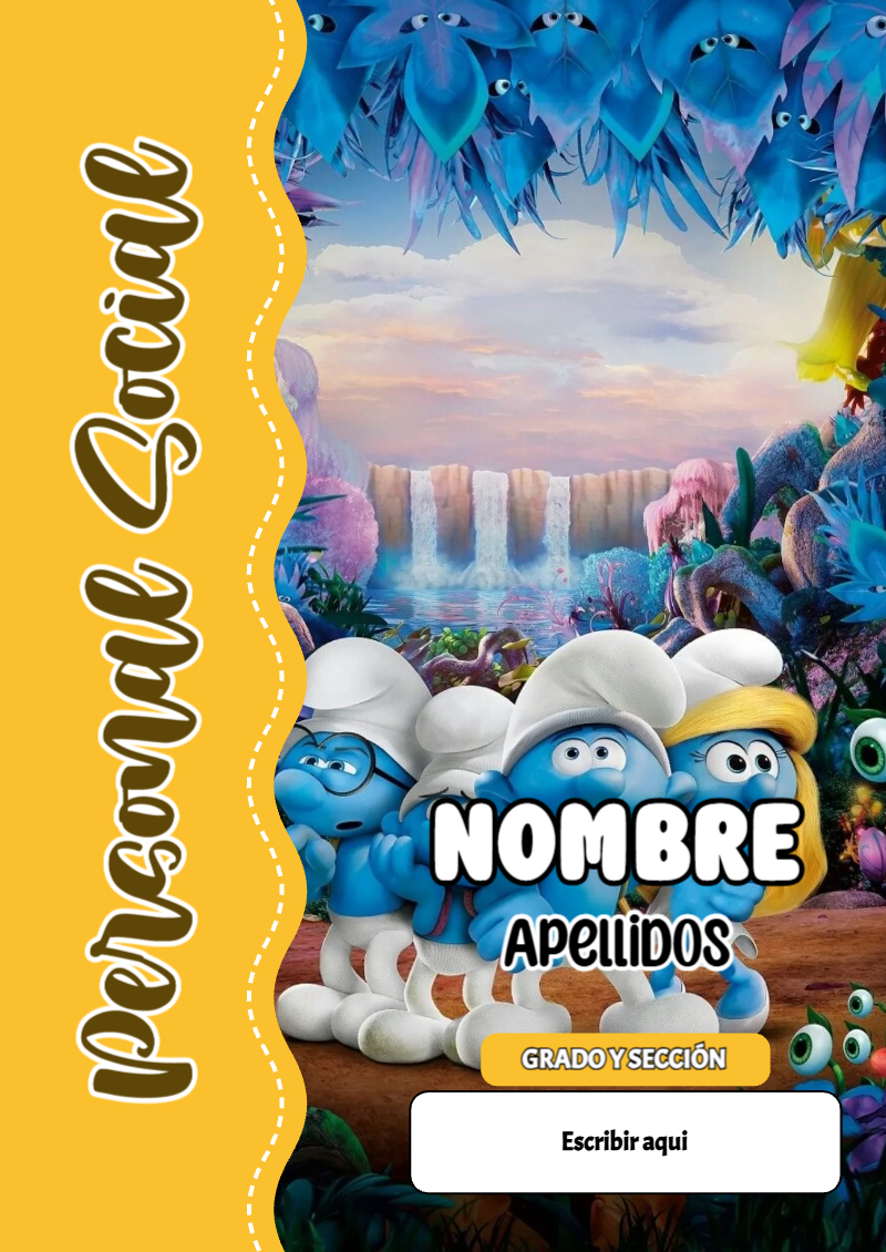 Portada de Los Pitufos de Personal Social para cuaderno personalizada para imprimir - con colores vivos y llamativos