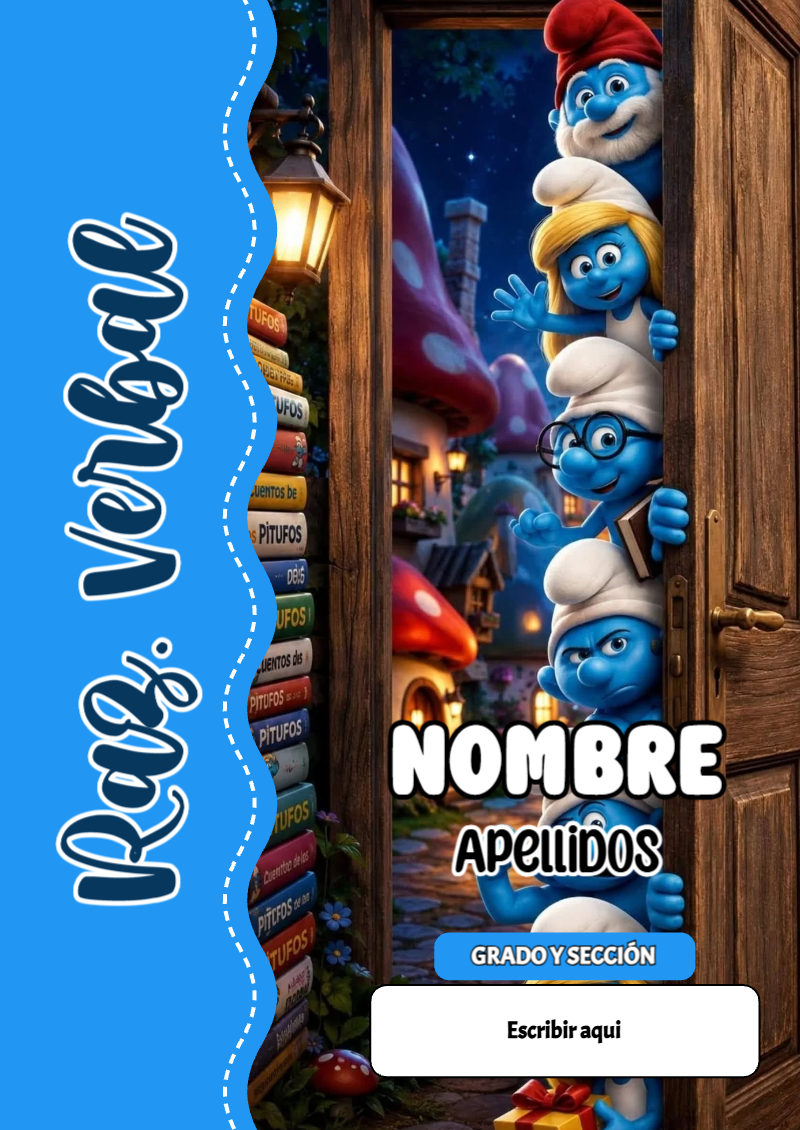 Portada de Los Pitufos de Raz. Verbal para cuaderno lista para imprimir en A4 - tendencia educativa 2026