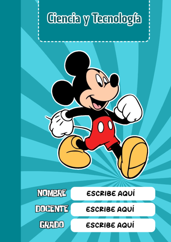 Portada de Mickey Mouse de Ciencia y Tecnología para cuaderno para niños de primaria - formato digital listo para usar