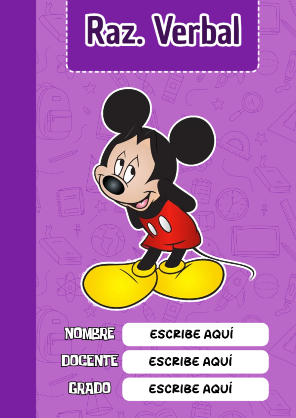 Portada de Mickey Mouse de Raz. Verbal para cuaderno colorida y creativa - formato digital listo para usar