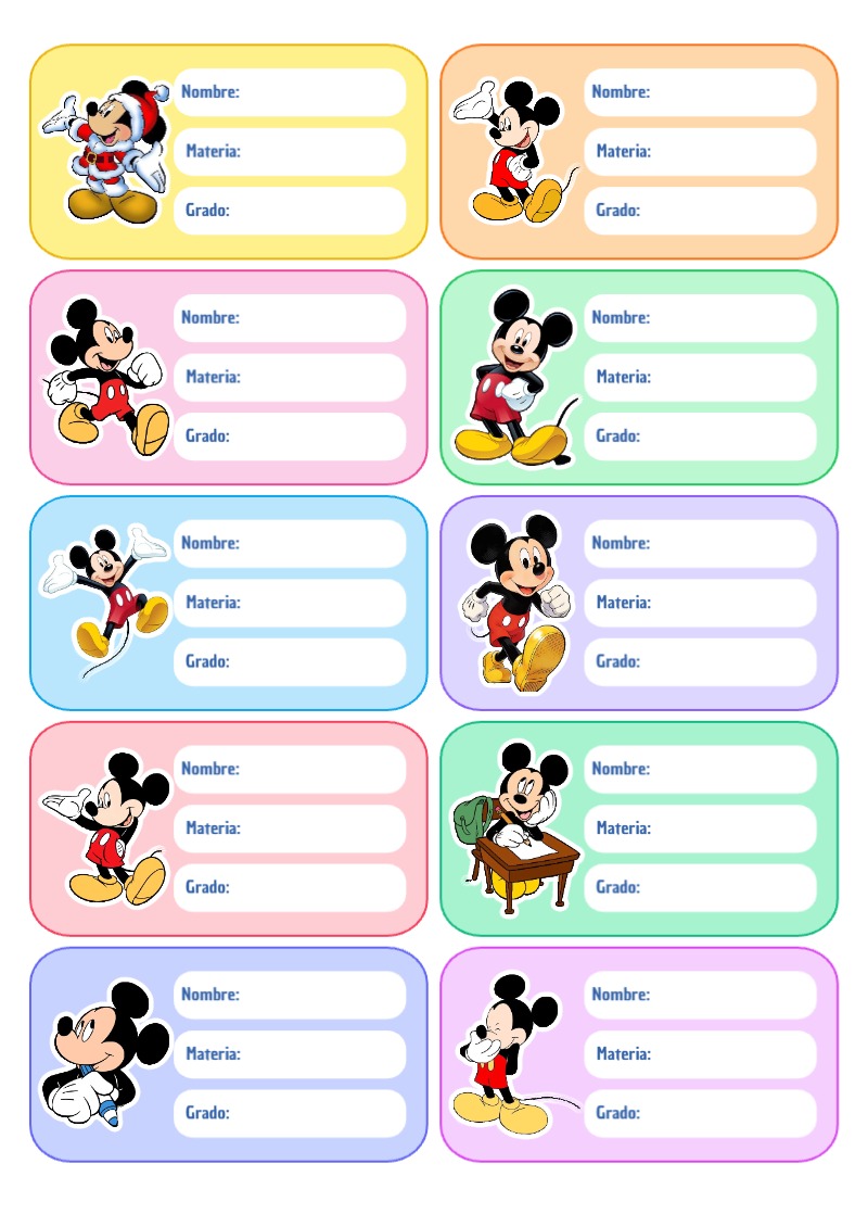 Etiquetas Escolares de Mickey Mouse para Cuadernos Imprimir Gratis