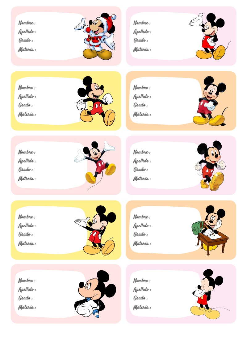 Etiquetas Escolares de Mickey Mouse para Cuadernos Imprimir Gratis