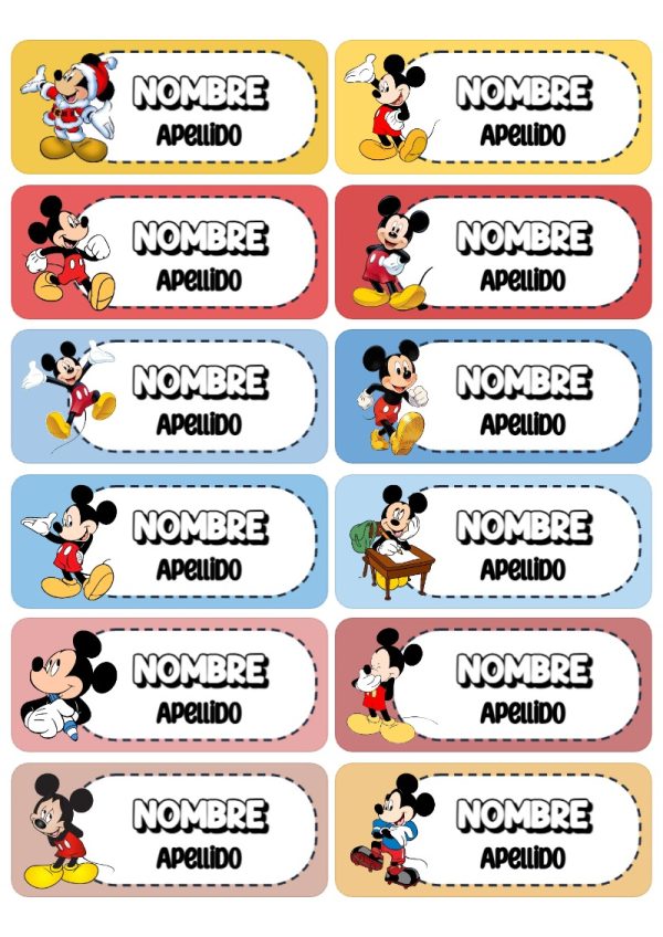 Etiquetas escolares de Mickey Mouse listas para recortar - para personalizar tus materias