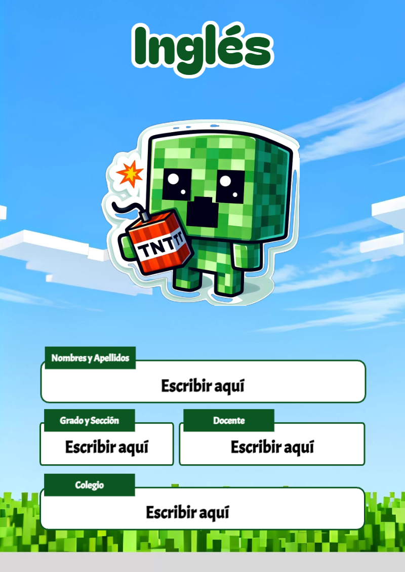Portada de Minecraft de Inglés para cuaderno personalizada para imprimir - diseño exclusivo y original