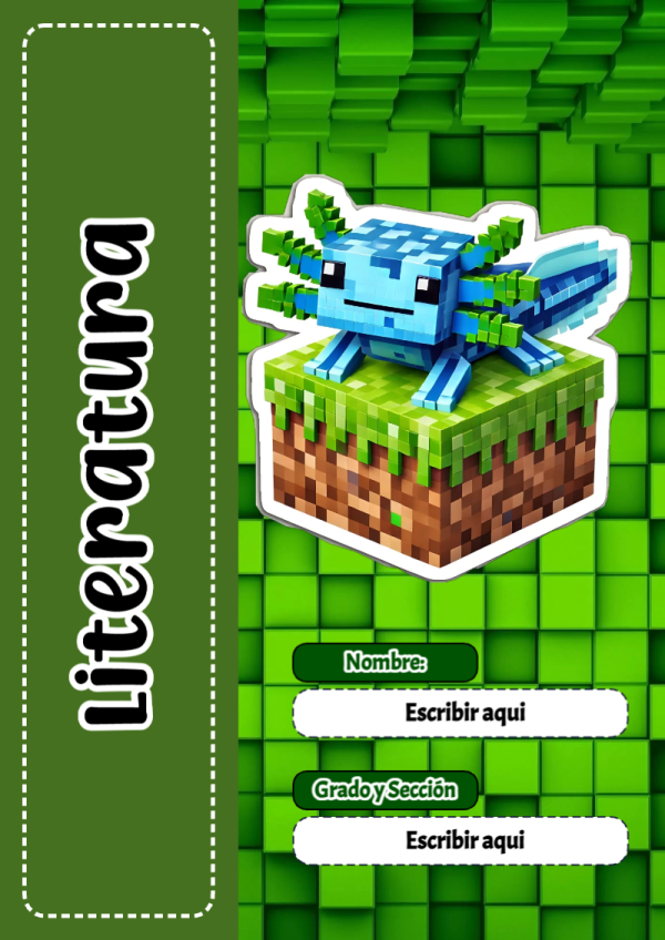 Portada de Minecraft de Literatura para cuaderno en formato A4 - tendencia educativa 2026