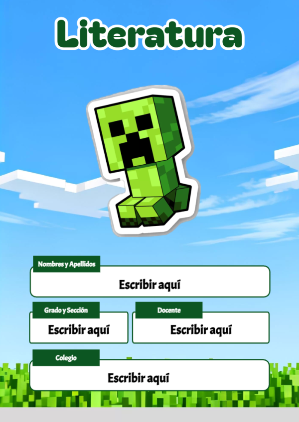 Portada de Minecraft de Literatura para cuaderno para niños de primaria - para personalizar tus materias