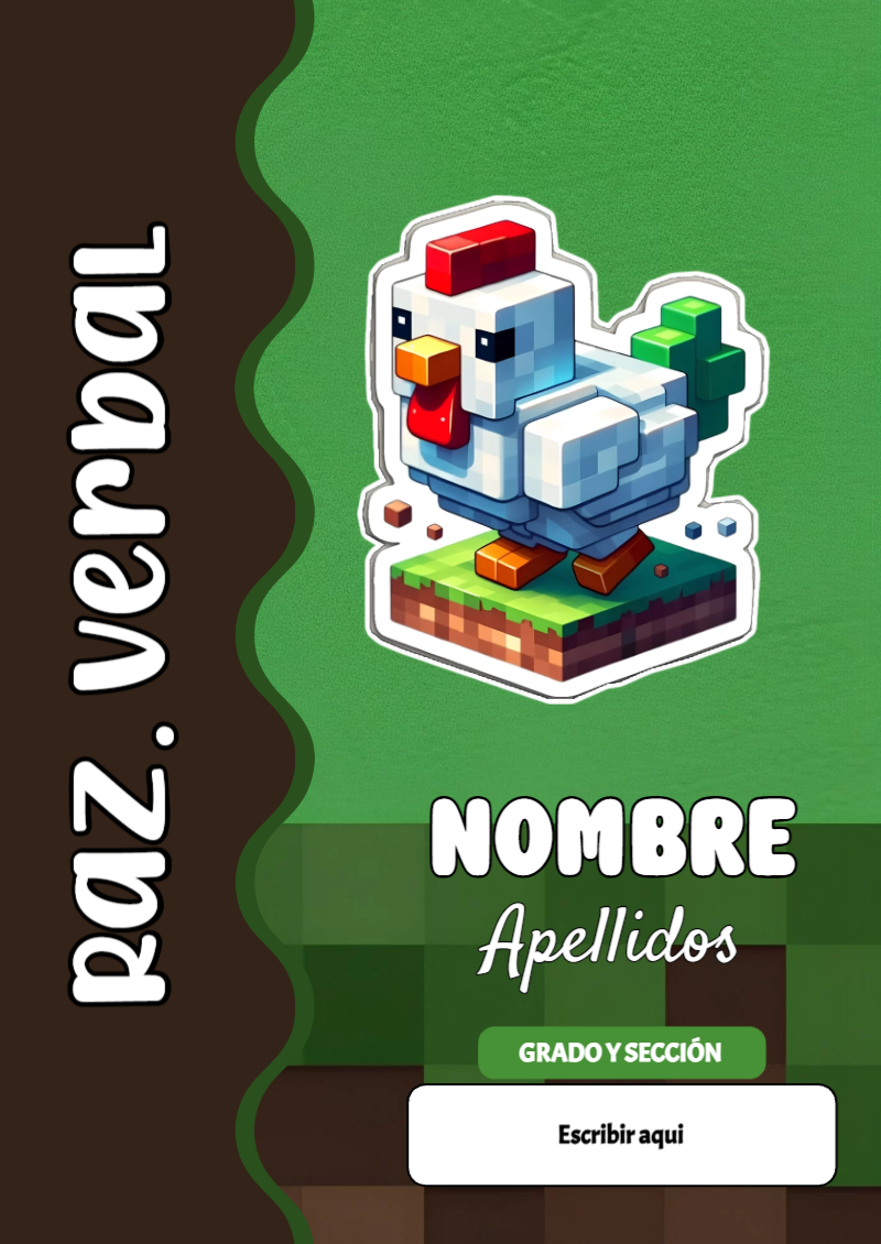 Portada de Minecraft de Raz. Verbal para cuaderno con diseño bonito - tendencia educativa 2026