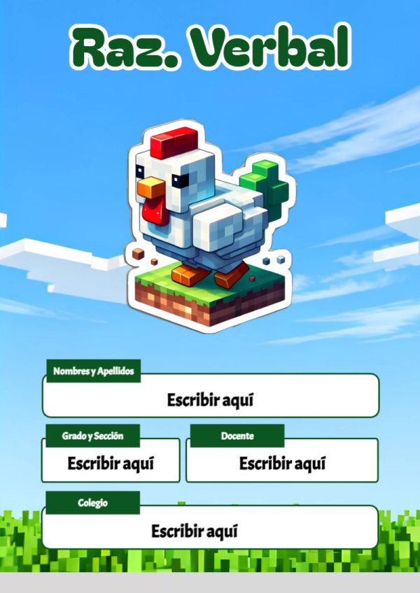 Portada de Minecraft de Raz. Verbal para cuaderno lista para imprimir en A4 - para todas las edades y grados