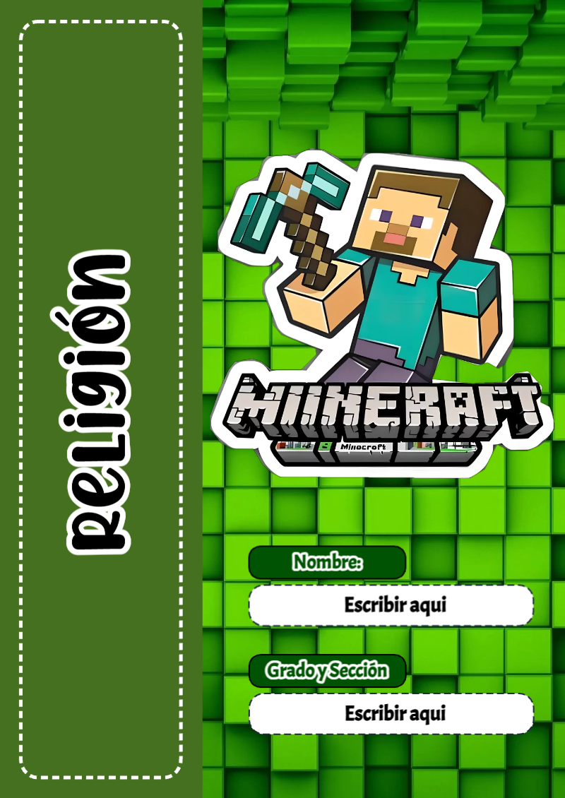 Portada de Minecraft de Religión para cuaderno colorida y creativa - para personalizar tus materias