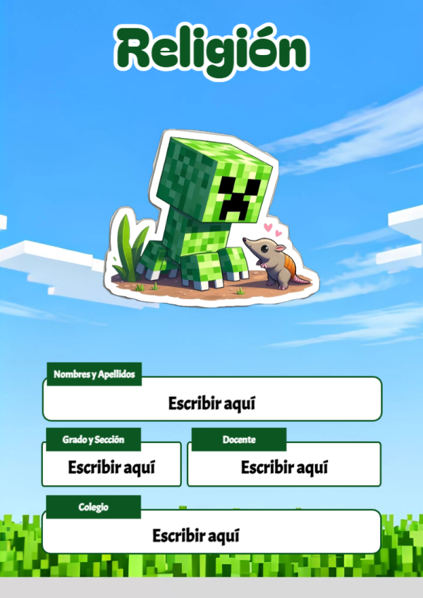 Portada de Minecraft de Religión para cuaderno ideal para niños - formato digital listo para usar