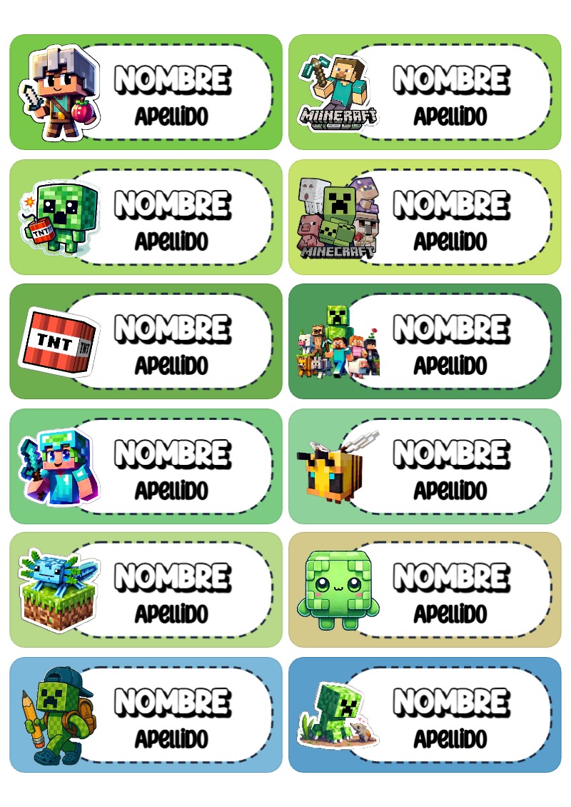 Etiquetas escolares de MINECRAFT bonitas para imprimir - diseño exclusivo y original