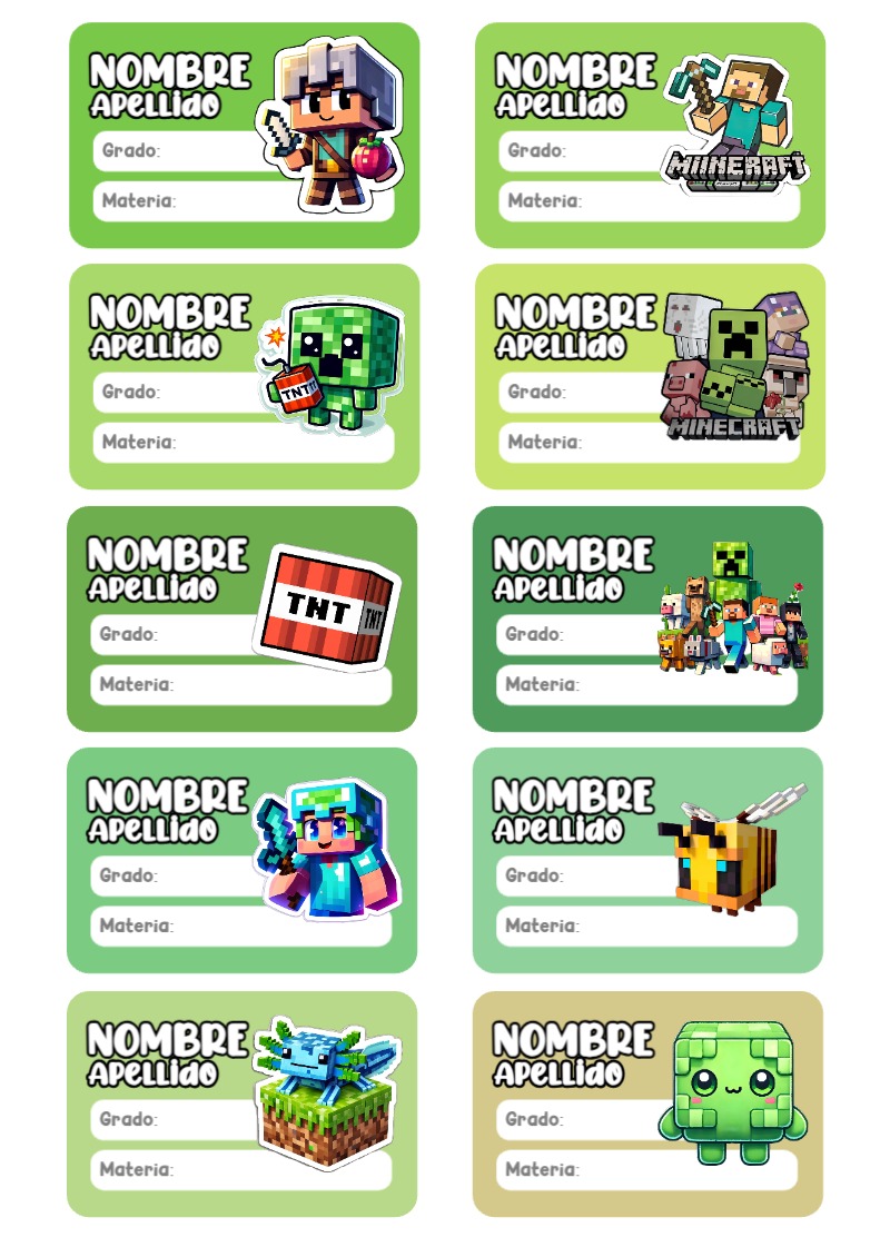 Etiquetas escolares de MINECRAFT listas para recortar - creación especial de Mini Canva