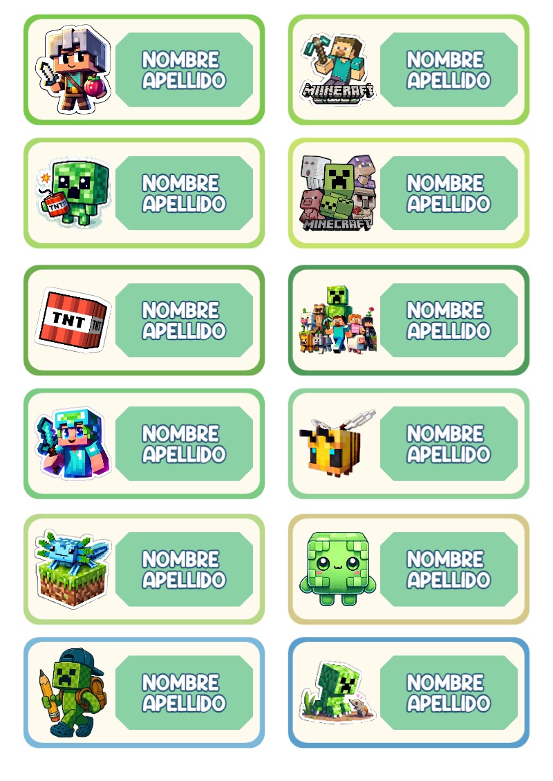 Etiquetas de MINECRAFT para cuadernos y útiles escolares - con colores vivos y llamativos