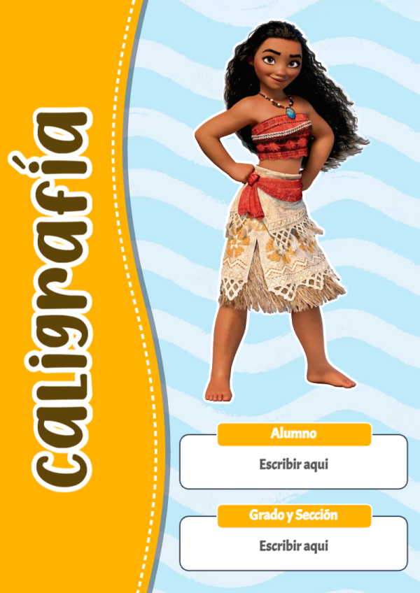 Portada de Moana de Caligrafía para cuaderno con diseño bonito - para el regreso a clases