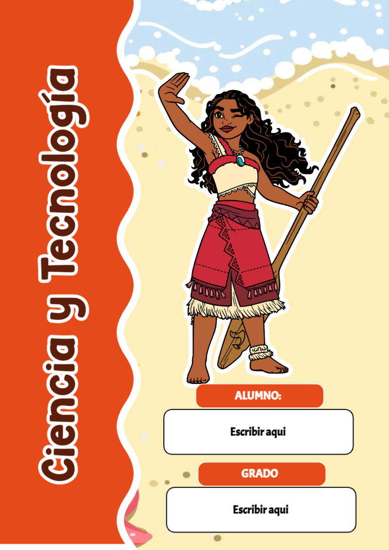 Portada de Moana de Ciencia y Tecnología para cuaderno con diseño escolar - con colores vivos y llamativos