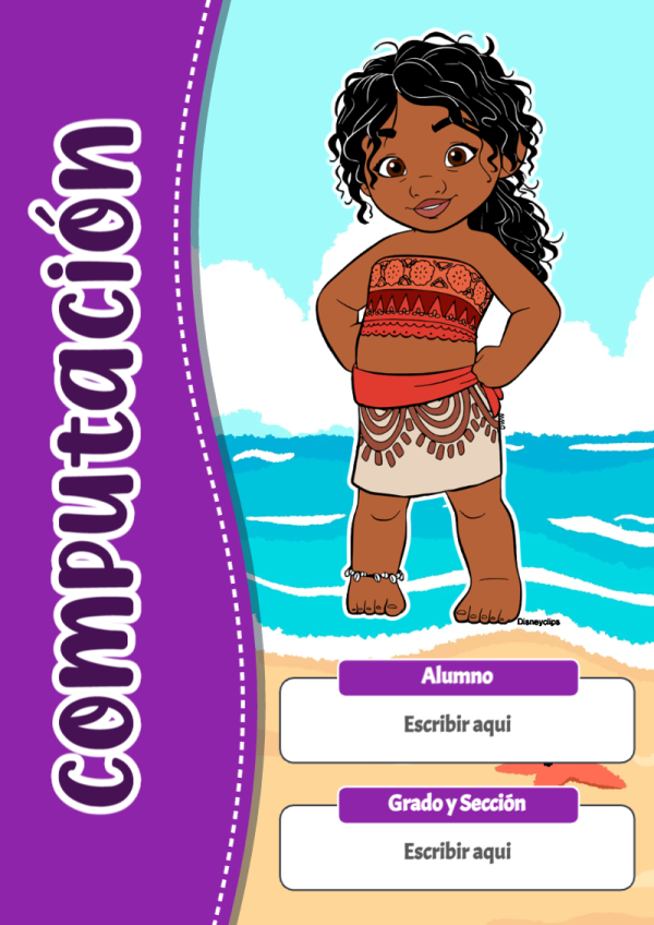 Portada de Moana de Computación para cuaderno en tamaño A4 - diseño escolar moderno