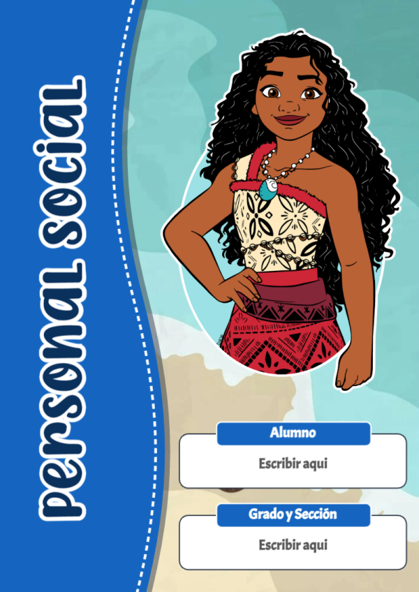 Portada de Moana de Personal Social para cuaderno en formato A4 - estilo único para estudiantes