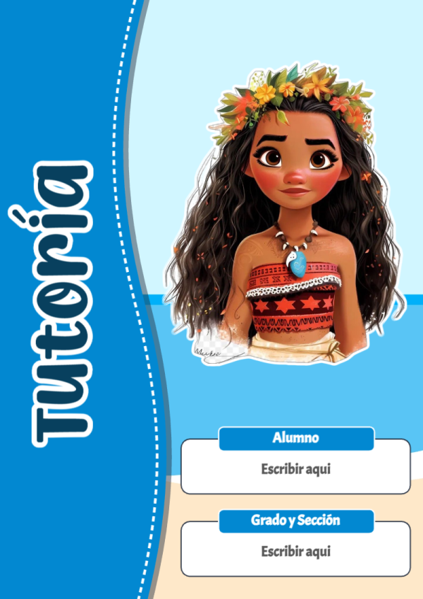 Portada de Moana de Tutoría para cuaderno bonita para imprimir - con colores vivos y llamativos