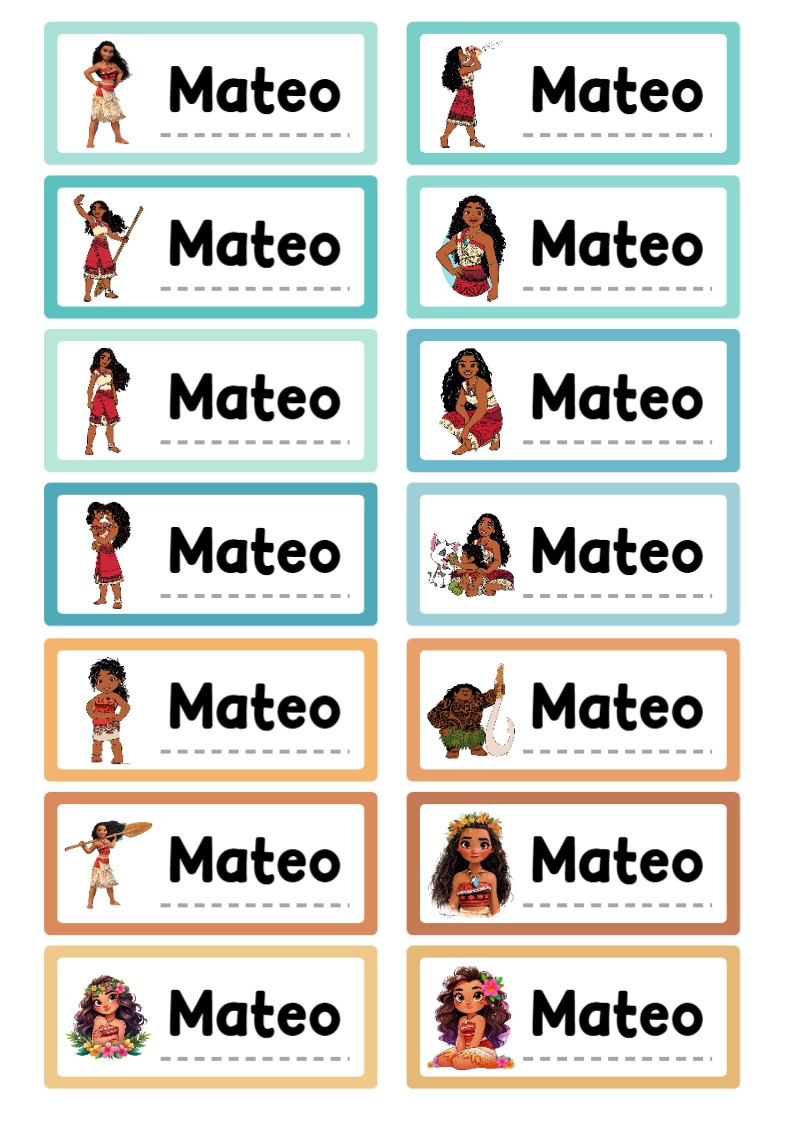 Etiquetas de Moana para cuadernos y útiles escolares - ideal para cuadernos de espiral