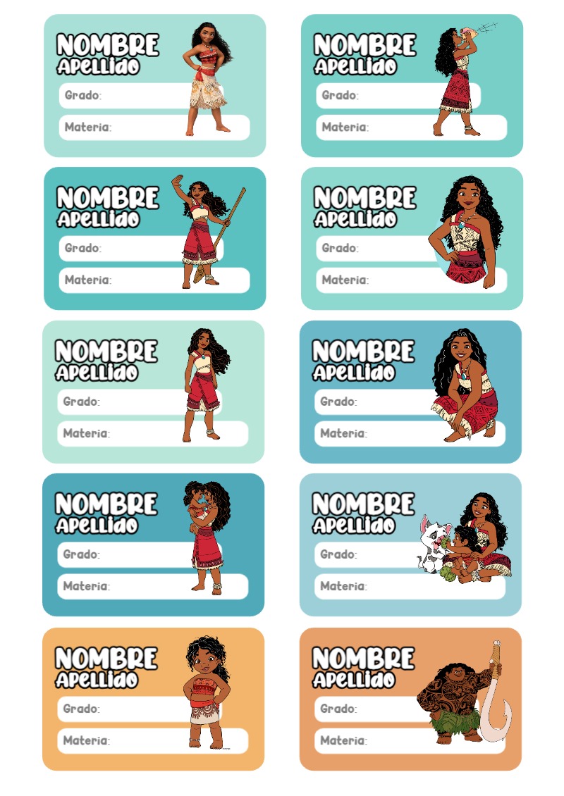 Etiquetas de Moana para primaria y preescolar - diseño exclusivo y original