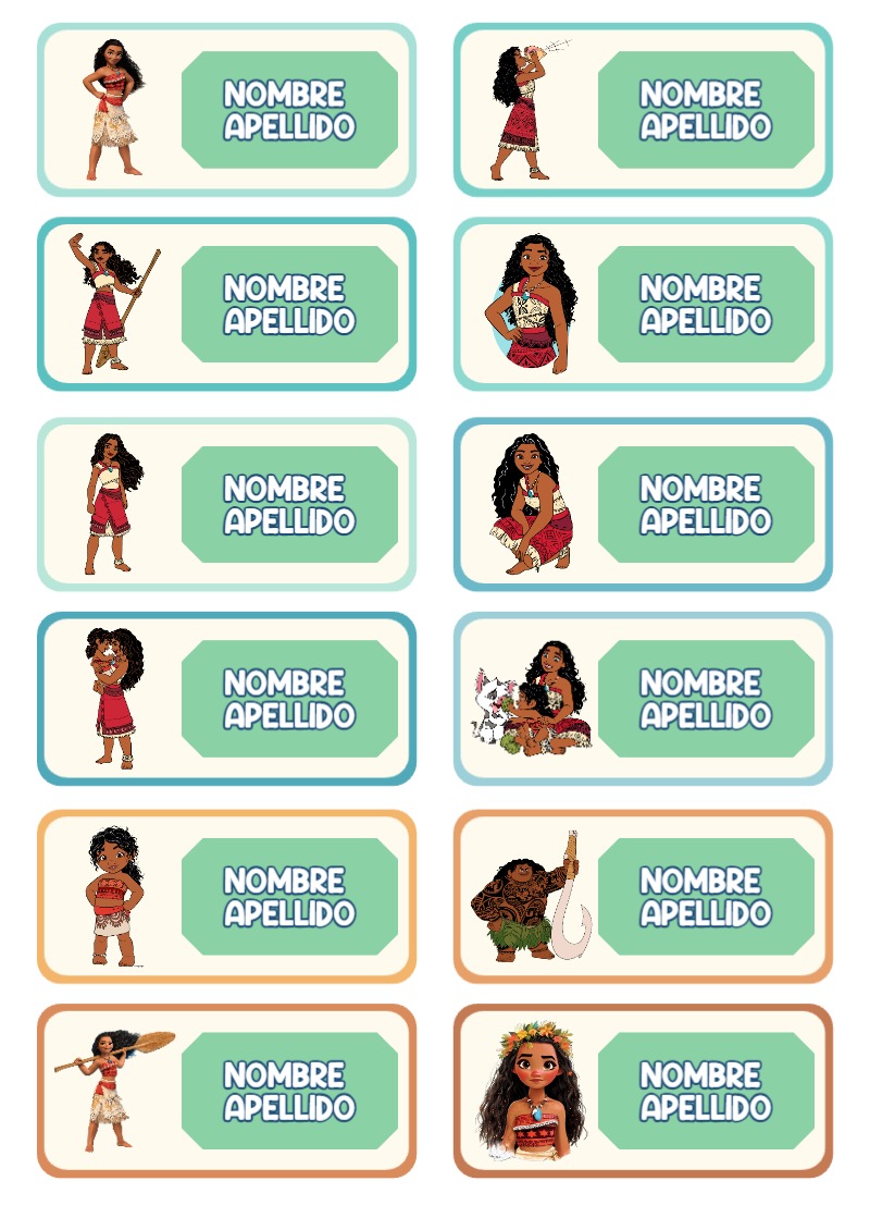 Etiquetas de Moana para cuadernos y útiles escolares - diseño exclusivo y original