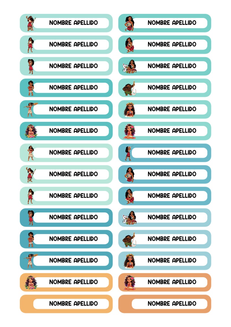 Etiquetas de Moana para primaria y preescolar - estilo único para estudiantes