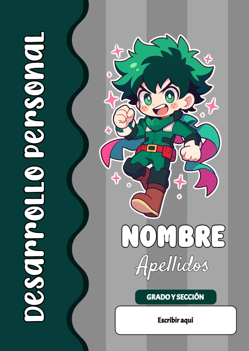 Portada de My Hero Academia de Desarrollo Personal para cuaderno con diseño escolar - con colores vivos y llamativos