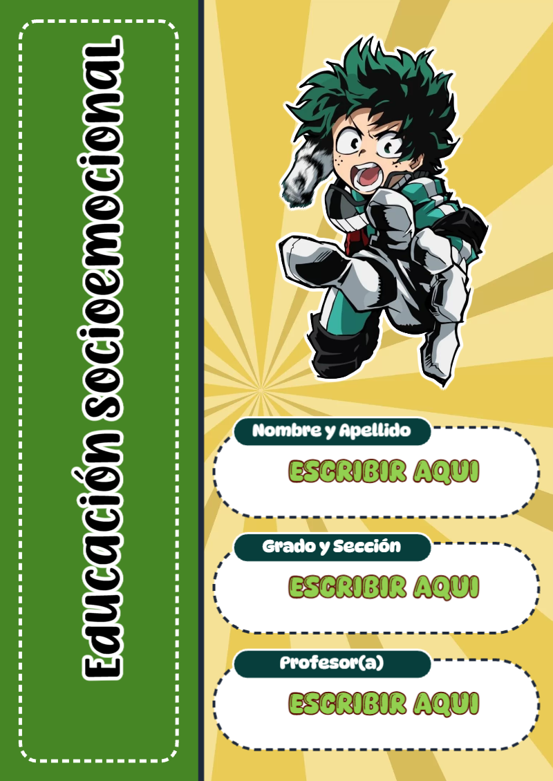 Portada de My Hero Academia de Educación Socioemocional para cuaderno con diseño escolar - para personalizar tus materias