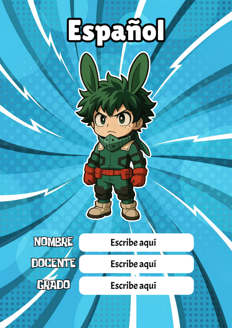 Portada de My Hero Academia de Español para cuaderno en formato A4 - para el regreso a clases