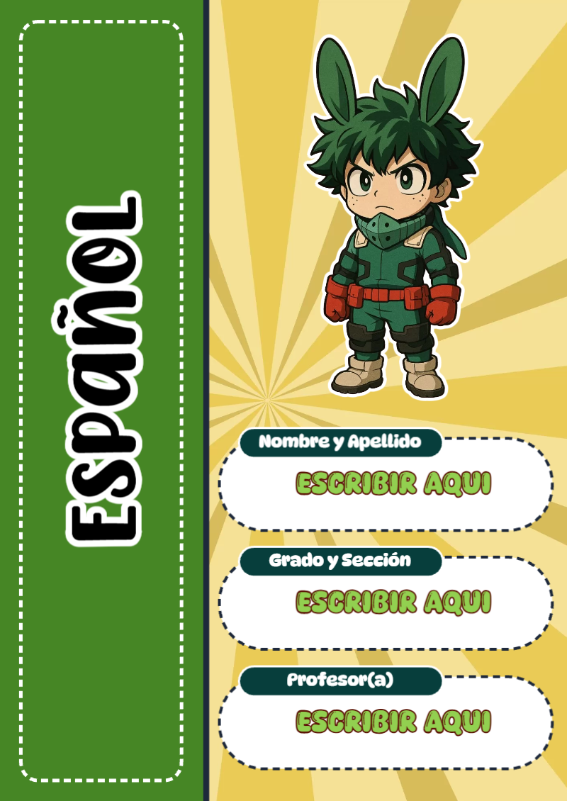 Portada de My Hero Academia de Español para cuaderno bonita para imprimir - creación especial de Mini Canva
